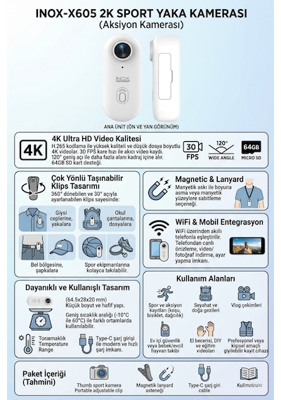 Inox X605 4k Ultra Hd Wifi Mini Giyilebilir Yaka Kamerası Manyetik Spor Aksiyon Ve Vlog Kamera Beyaz Inox X605 4k Ultra Hd Wifi Mini Giyilebilir Yaka Kamerası Manyetik Spor Aksiyon Ve Vlog Kamera Beyaz