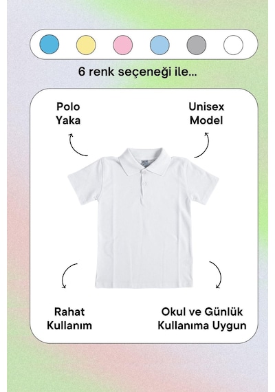 Beyaz Kısa Kol Düz Renk Yakalı 6-17 Yaş Çocuk Okul Lakos Tişört Polo Yaka T-shirt Beyaz
