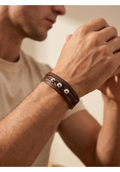 Çelik Top Detalı Erkek Deri Bileklik Premium Hediye 01825 Kahverengi