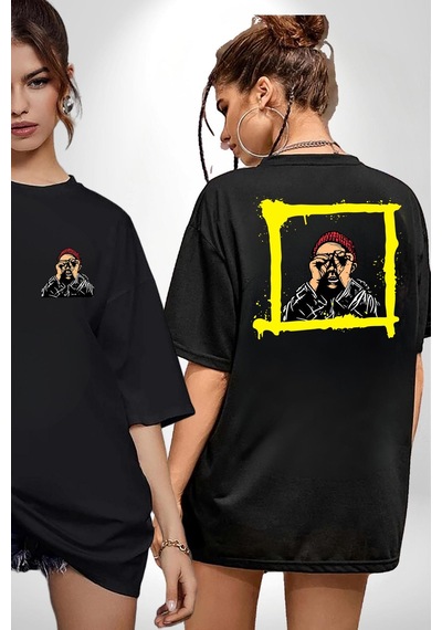 Fantastik Sanatsal Yeni Nesil Kırmızı Bere El İle Dürbün Siyah Oversize Unisex Ön Ve Sırt Baskılı Tişört Siyah