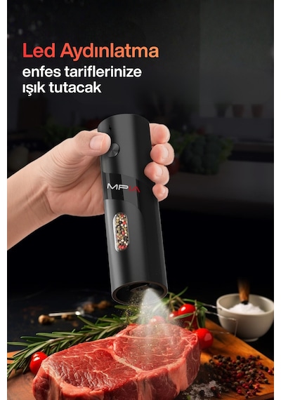 Mpıa Şarjlı Baharat Öğütücü 2 Li 110 Ml Led Paslanmaz Çelik Bıçak Tuz Karabiber Öğütücü Çok Renkli
