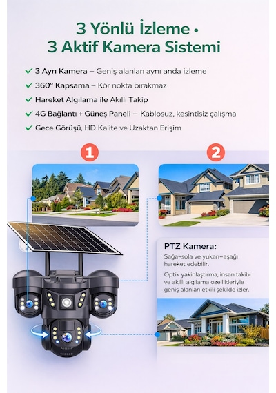 Rxg 3 Kameralı Solar Güvenlik Kamerası 4g Sim Kartlı Ptz Hareketli Gece Görüşlü Güneş Panelli Kamera