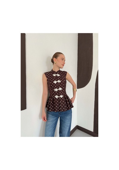 Verymoda Çin Düğmeli Puantiyeli Bluz D3074 Kahve
