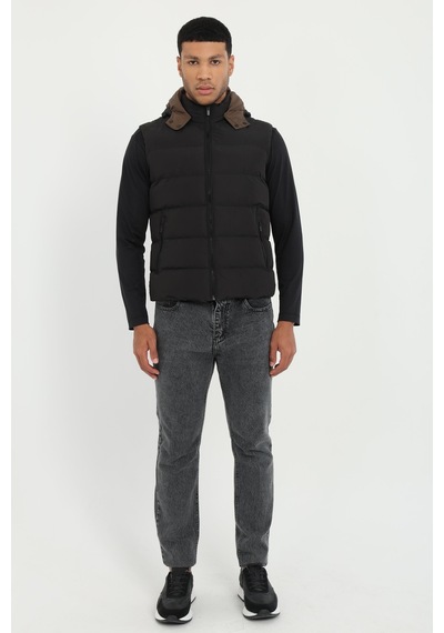 Dufy Erkek Slim Fit Kapüşonlu Siyah Yelek Mont-18153