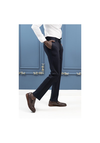 Ecer Regular Fit Armürlü Beli İplikli Astarsız Rayon Kışlık Kumaş Pantolon Lacivert