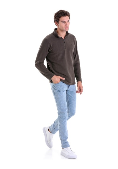 Hatemoğlu Regular Fit Düz Tam Boy Fermuarlı Polar Sweatshirt Haki