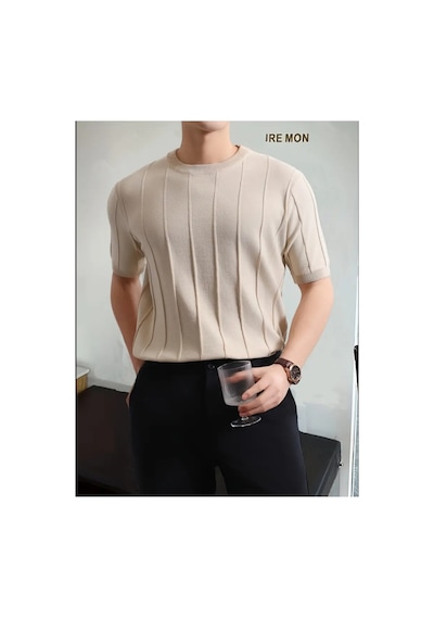 Tarz Cool Erkek Slim Dar Bisiklet Yaka Düz Triko T-shirt Vizon