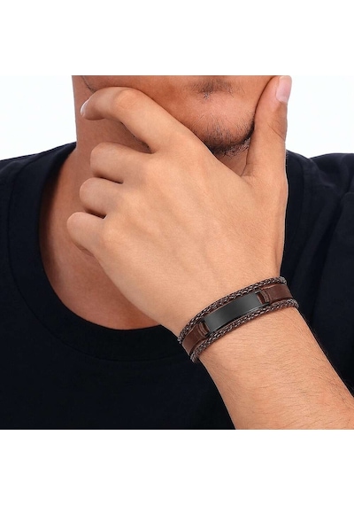 Tesbihane Minimal Tasarım Kahverengi Deri & Siyah Plaka Kişiye Özel İsim Harf Yazılı Bileklik Kahverengi