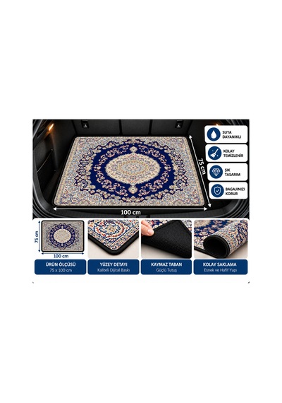 75x100 Cm Dijital Baskılı Oto Bagaj Halısı Kaymaz Tabanlı, Siyah Biyeli, Dekoratif Araç Bagaj Paspası - 937494843