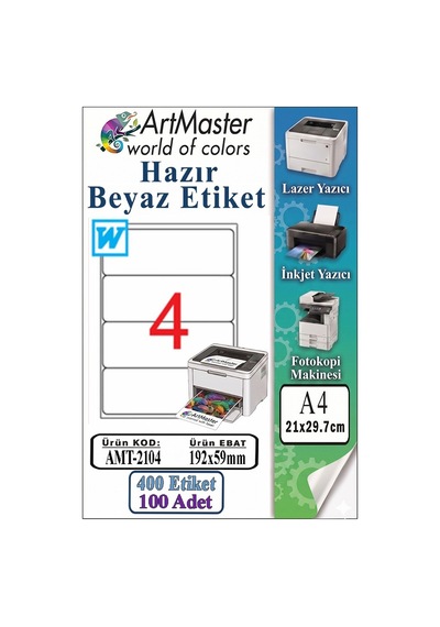 A4 Hazır Beyaz Etiket 192x59 Mm 4 Lü 100 Sayfa 1 Paket Kendinden Yapışkanlı Fotokopi Lazer İnkjet Kağıdı Yazıcılar