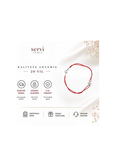 Servi 925 Ayar Gümüş Zirkon Taşlı Kırmızı İpli Baklava Figürlü Şans Bilekliği-414