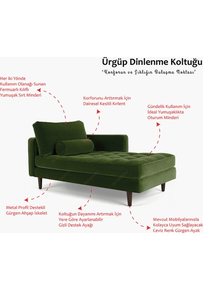 Ürgüp Dinlenme Koltuğu Puf Josefin Dinlenme Koltuğu Kitap Okuma Kanepesi - Sol Kolçaklı Yeşil