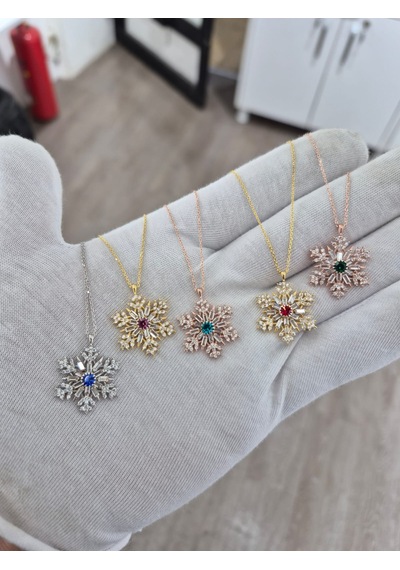 925 Ayar Doğum Taşlı Baget Kar Tanesi Kolye.rose.gold.rodaj Gümüş