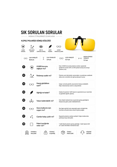 Polarize Güneş Gözlüğü Klipsi Uv400 Korumalı Gözlük Üstü Klips Hafif Mekanizmalı - Sarı Çerçevesiz