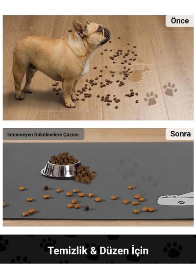 MAtGo Pati Evcil Hayvan Beslenme Matı Kemik Figürlü Su Geçirmez Kaymaz Gri Kedi Köpek Mama Paspası 50 x 70 CM