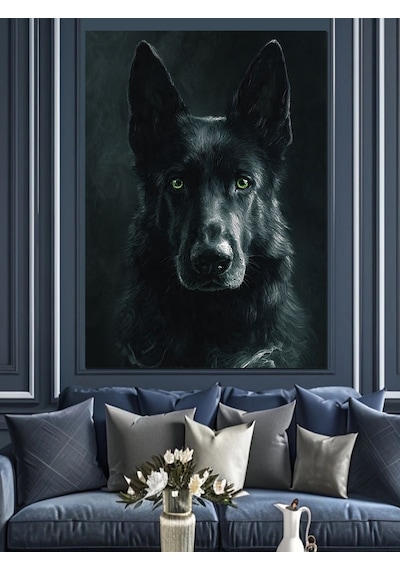 Siyah Kurt Köpek Portresi Dekoratif Kanvas - Mdf Ahşap Tablo