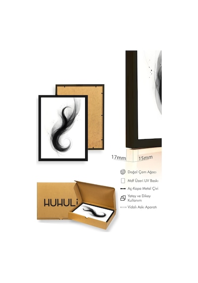 Doğal Ahşap Çerçeveli Soyut Siyah Desenli Tablo - Minimal Huhu1203