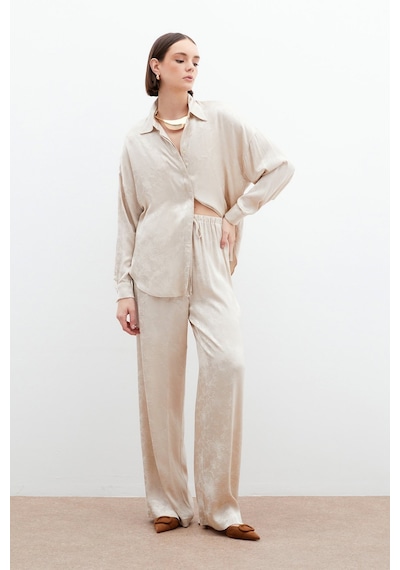 Sateen Jakarlı Saten Pantolon - Bej-136047 Bej