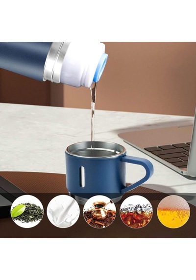 6002 Kupa Bardaklı Paslanmaz Çelik Termos Seti 500 Ml - Mavi Çok Renkli