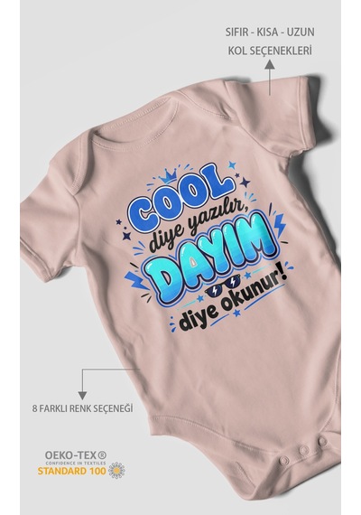 Morivokids Cool Diye Yazılır Dayım Diye Okunur Kısa Kollu Bebek Body %100 Pamuk Pastel Pembe