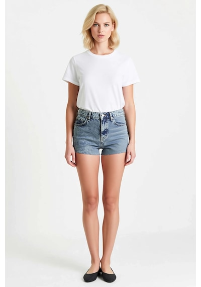 Benerly Kadın Şort Yüksek Bel Geniş Paça Kısa Boy Düz Desen Denim Kumaş R Açık Mavi