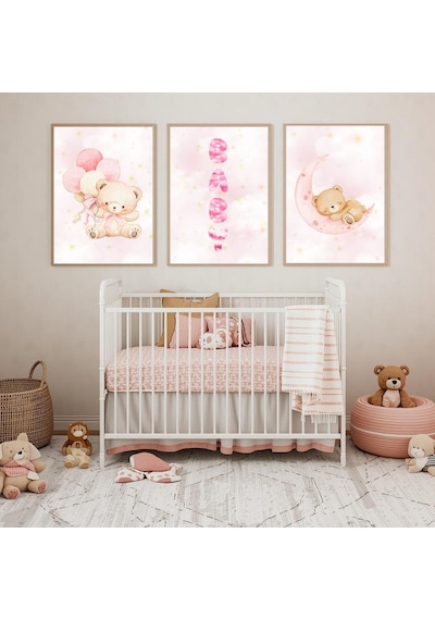 "besay Ayıcık Masalı ""baby"" Temalı Çocuk Odası Dekorasyonu Yeni Doğan Kız Bebek Hediyesi Sulu Boya Poster 3'lü Set A2 Ç