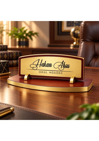 Bk Gift Kişiye Özel Ahşap Masa İsimliği Gold Plakalı Bk27 -6 Çok Renkli