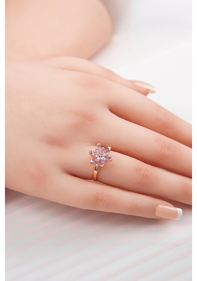Ametist Taşlı Rose Renk Ayarlanabilir Lotus Gümüş Bayan Yüzük -7897