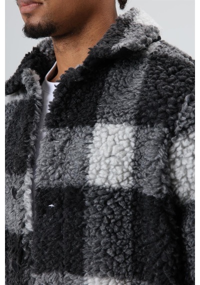 Vamos Oversize Peluş Ekose Ceket Siyah