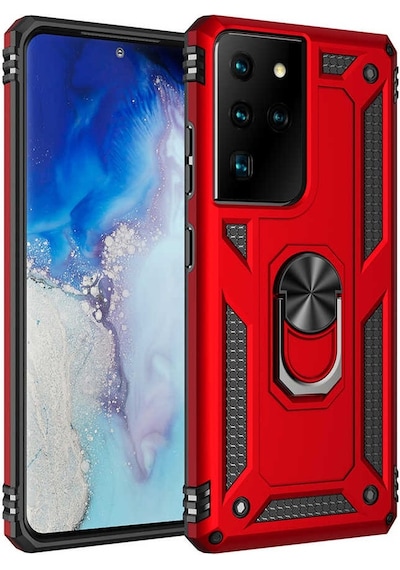 Samsung Galaxy Uyumlu S21 Ultra Kılıf Sert Silikon Yüzüklü Stand Özellikli Kapak