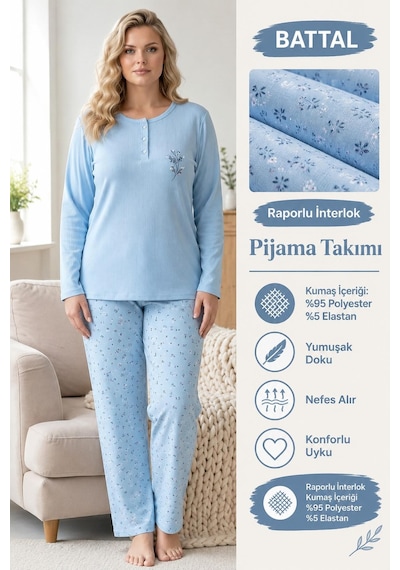 Boyraz Lindros Kadın Düğme Yaka Raporlu İnterlok Kışlık Battal Pijama Takımı 03018 - 1 Adet Mavi Boyraz Lindros Kadın Düğme Yaka Raporlu İnterlok Kışlık Battal Pijama Takımı 03018 - 1 Adet Mavi