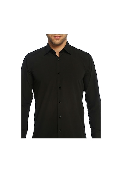 Siyah Slim Fit Uzun Kol Düz Renk Erkek Gömlek // 151-20 Siyah