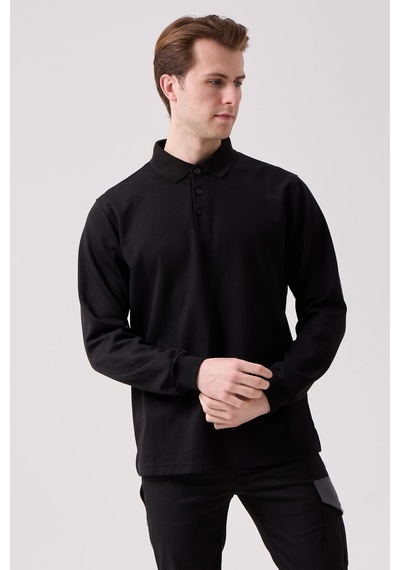 Sanfords Polo Sweatshırt Erkek Siyah Uzun Kollu Polo Yaka Sweatshirt Siyah