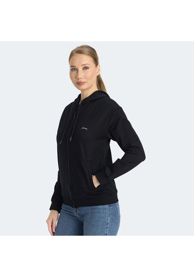 Slazenger KINET Kadın Fermuarlı Kapüşonlu Cepli Siyah Sweatshirt