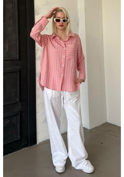 Madmext Pembe Çizgili Cepli Kadın Gömlek Mg2345 Pembe