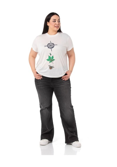 Disentis Büyük Beden Pusula Baskılı Bisiklet Yaka Beyaz T-shirt-beyaz Beyaz