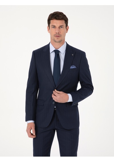Cacharel Lacivert Slim Fit Çizgili Kırlangıç Yaka Takım Elbise Cacharel Lacivert Slim Fit Çizgili Kırlangıç Yaka Takım Elbise