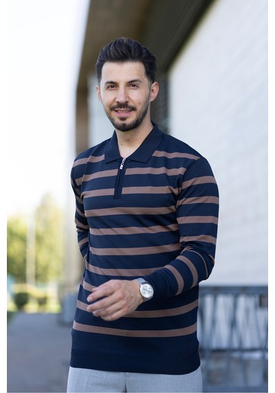 Hk Premium Kazak Fermuarlı Polo Yaka Çizgili Triko Sweatshirt Lacivert