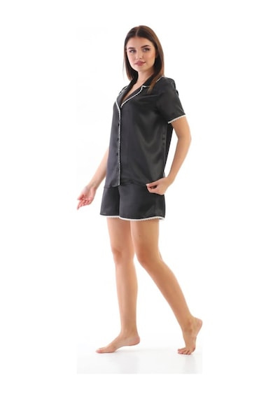 Kadın Siyah Saten Dokuma Dantel Biyeli Şık Pijama Takımı