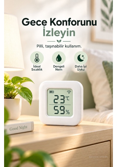 Wifi Lcd Ekranlı Pilli Sıcaklık Ve Nem Sensörü Fonri, Tuya, Smart Life, Google Assistant, Amazon Al