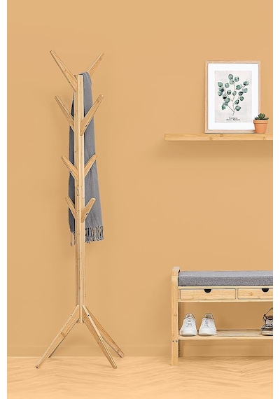 Digithome Bambu Portmanto Askılık 8'li Modern Vestiyer Ayaklı Askılık Ahşap Elbise Askısı Db-0026 Kahverengi