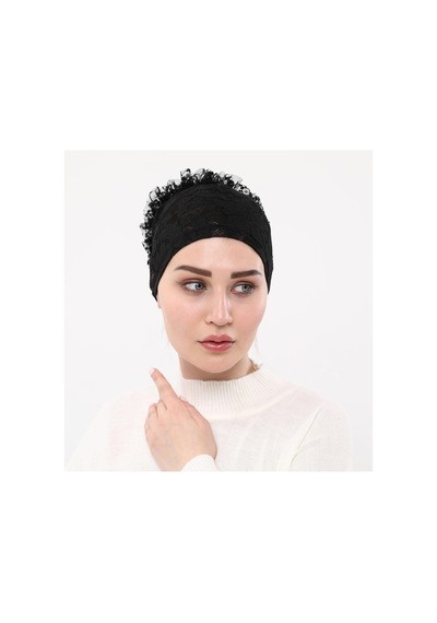Sensu Kendinden Dantelli Fırfırlı Tesettüriç Bone Sıyah