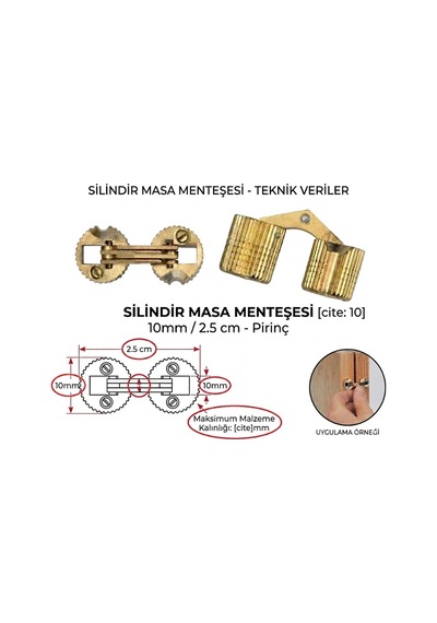 Silindir Masa Menteşesi Pirinç 10 Mm 1 Adet gold
