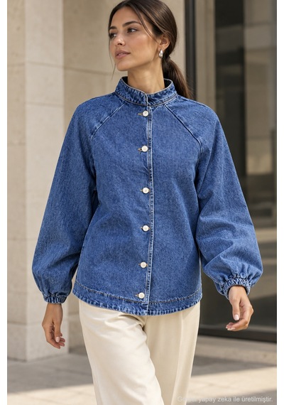 Polo State Kadın Hakim Yaka Raglan Kollu Düğmeli Denim Ceket - Mavi