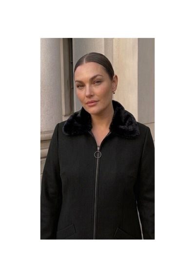 Onno Style Women Yakası Kol Ağzı Kürklü Çelik Örgü Kadın Kaban Siyah