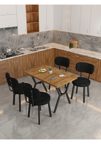 Azra 70x110cm Atlantik Mutfak Masası, Mutfak Masası Takımı, Yemek Masası, 4 Siyah Sandalye Siyah