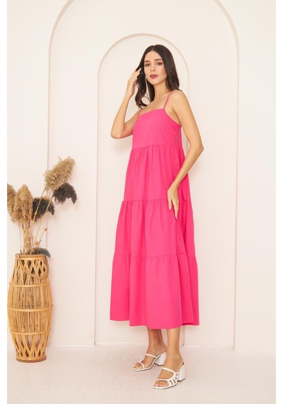 Darlin Moda Fuşya İnce Askılı Katlı Elbise Dm1034 Fuşya