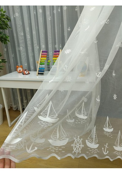 Yelkenli Çapa Desenli Çocuk Odası Tül Perde, 100x250, Seyrek Pile, 1/2 Genel