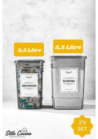 Etiketli 2li Strip Mega Boy Toz Ve Tablet Deterjan Saklama Kutusu 1x 3,5 Litre + 5,5 Litre Gri