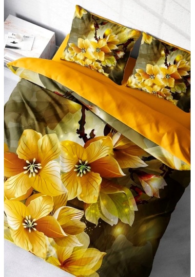 Flower Çift Kişilik 4 Parça Pamuk Saten Nevresim Takımı Altın - Yeşil